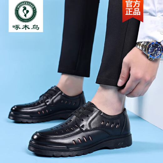 Specht Marke Sandals Herren 2025 Sommer echtes Leder atmungsaktives lässige Lederschuhe für Herren Hollow Hole Schuhe Weiche Sohle Vaters Schuhe 6627 Black Hollow 38