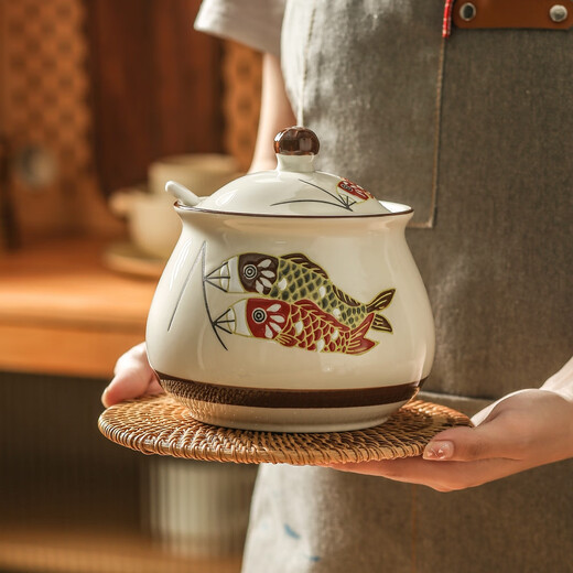 Dingdan ceramic lard jar household kitchen seasoning utensils seasoning jar high temperature resistant seasoning box chili oil jar seasoning salt jar carp small - hole lid (with spoon)