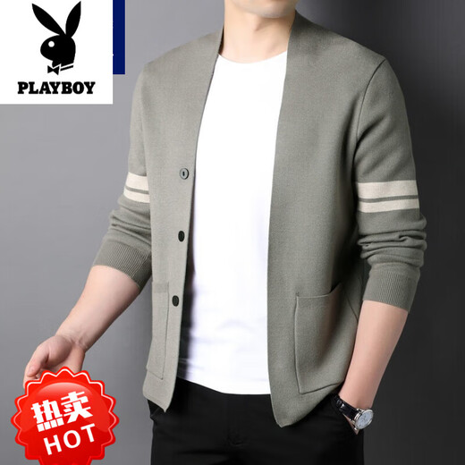 花花公子（PLAYBOY）针织开衫男士春秋季2025年新款潮流羊毛外穿毛衣男士休闲舒适外套 浅卡 3XL