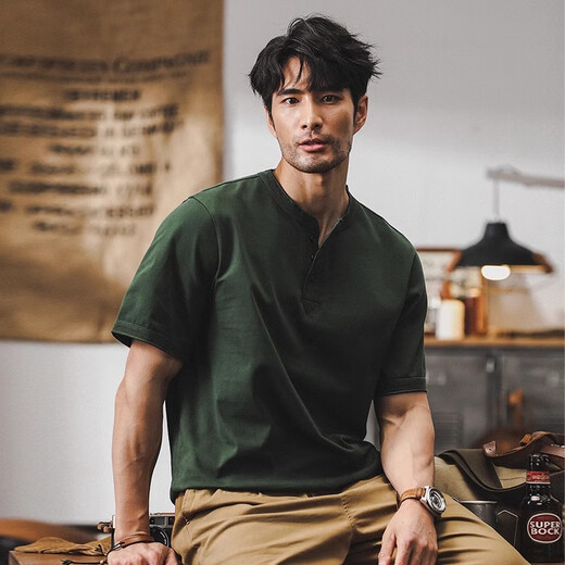 Jay Leno American 320g heavyweight t-shirt men's short-sleeved polo shirt men's 2025 new loose tough guy Henry shirt t-shirt for men military green 3XL suitable for 180-200Jin Jin equals 0.5 kg