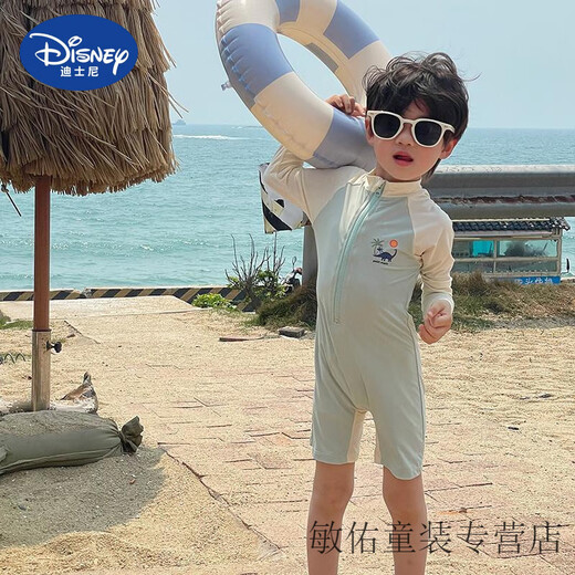 Disney children's swimsuit for boys and girls 2025 new one-piece long-sleeved sunscreen quick-drying swimsuit baby beach vacation swimsuit Coconut Dinosaur (+ Hat) 90 #