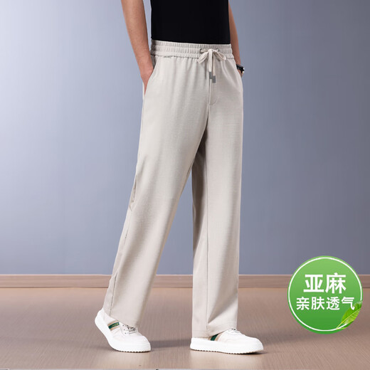 Walker Shop High-End-Marken-Sommer-dünne Freizeithose für Herren, ausgewähltes Leinen, hautfreundlich und atmungsaktiv, lockere, gerade Sporthose für Herren, Khaki 3XL