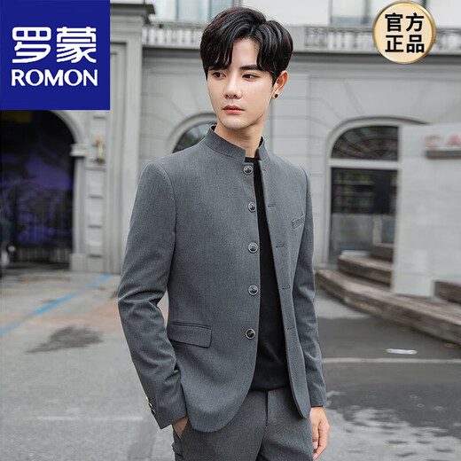 ROMON Chinese stand collar Chinese tunic suit for young men, trendy slim jacket, wedding new Chinese style men's casual gray suit, pants size 28-38, self-made 2XL 54 suitable for 130-140 Jin Jin equals 0.5 kg