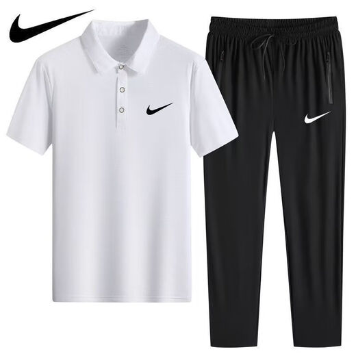 NBA KIDS-NIKE ice silk POLO shirt quick-drying casual sportswear short-sleeved T suit thin lapel men's trousers two-piece Nike-white (foot set) 1396 Nike-3XL 140-160Jin[Jin equals 0.5 kg]