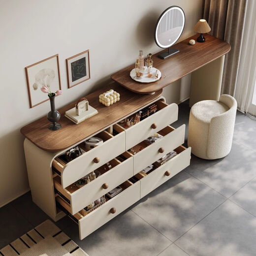 Fubai antique solid wood dressing table storage cabinet integrated cream simple drawer cabinet bedroom bedside cabinet retro dressing table storage three-drawer three-piece set 0.6 three-drawer cabinet + 1m dressing table + makeup stool complete set