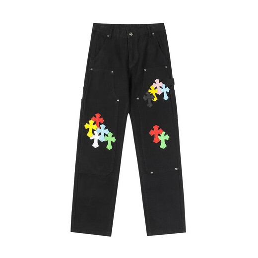 Crowxin offizieller 2025 Trendy Brand Cross Stickerei High Street Amerikanische vielseitige Männer und Frauen lose Jeanshosen gerade Hosen 9928 Black 9928 Black S