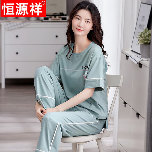 恒源祥新款睡衣女士夏季纯棉短袖长裤薄款休闲家居服两件套装可外穿 SJ7374豆绿 M [80-100斤]