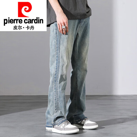 皮尔卡丹（pierre cardin）美式牛仔裤男生微喇叭夏季高街复古怀旧窄版直筒长裤子春秋款针织 9902浅蓝 3XL