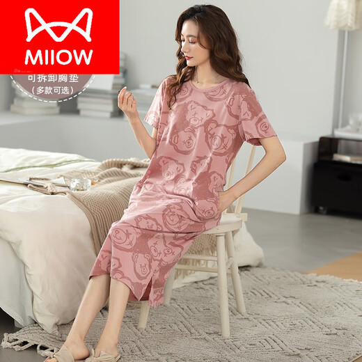 猫人（MiiOW）带bra睡裙女夏季纯棉短袖带胸垫长款过膝可爱大码可外穿家居服 9902#(不带胸垫) 3XL