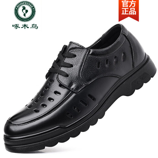 Specht Marke Sandals Herren 2025 Sommer echtes Leder atmungsaktives lässige Lederschuhe für Herren Hollow Hole Schuhe Weiche Sohle Vaters Schuhe 6627 Black Hollow 38