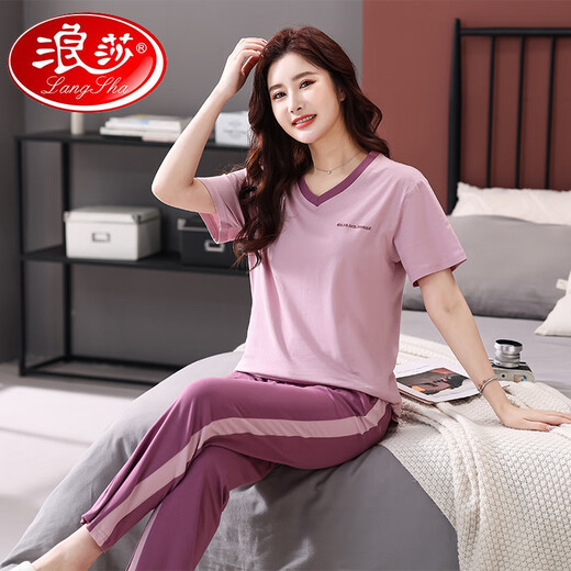 浪莎（LangSha）睡衣女纯棉短袖长裤夏季2025年新款家居服套装休闲舒适简约可外穿 7374豆沙粉 L 100-120斤