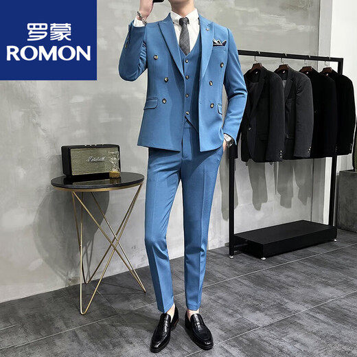 ROMON double-breasted suit men's suit wedding dress slim fit groom's suit men's Korean version trendy British style handsome off-white suit + pants + vest tie 3XL