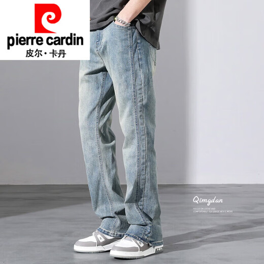 皮尔卡丹（pierre cardin）美式牛仔裤男生微喇叭夏季高街复古怀旧窄版直筒长裤子春秋款针织 9902浅蓝 3XL