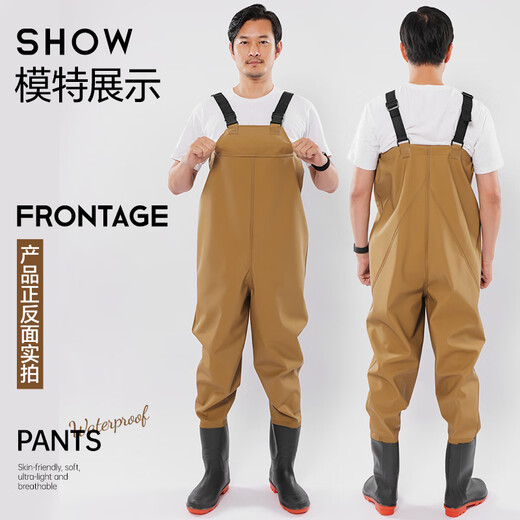 Mondorf waders, wading pants, sea suits, full-body waterproof fish pants, rain pants, lower body men's leather pants, jumpsuits, fishing pants, thickened, thickened 100 silk, fashionable khaki half, size 42, ultra-thick tendon sole shoes, shipped from Beijing warehouse