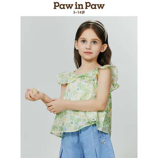 PawinPaw Cartoon Bear Children's Clothing 25th Spring and Summer New Girls Cute Lapel Sleeveless Shirt Sweet Green/40 130
