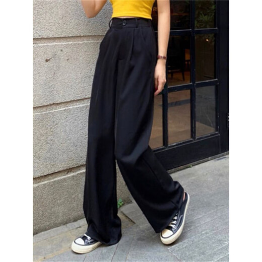 Pu Shui Fang Fang Pantalones De Pierna Ancha Drapeados De Estilo Coreano Que Adelgazan Los Pantalones De Traje De Cintura Alta para Mujer Pantalones Casuales 1047# Negro S