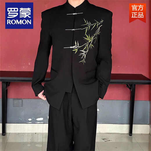 ROMON New Chinese Style Green Bamboo Embroidery Shoulder Pads Button Suit Jacket Fashionable Men's Tunic Suit Stand Collar Tang Suit Small Suit Black Green XL