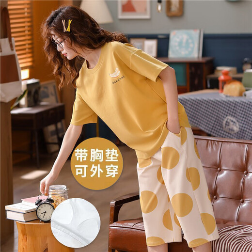 浪莎（LangSha）带胸垫睡衣女款夏天纯棉短袖七分裤可外穿套装棉夏季女士家居服 七-分带胸垫：679芭比熊 L 女