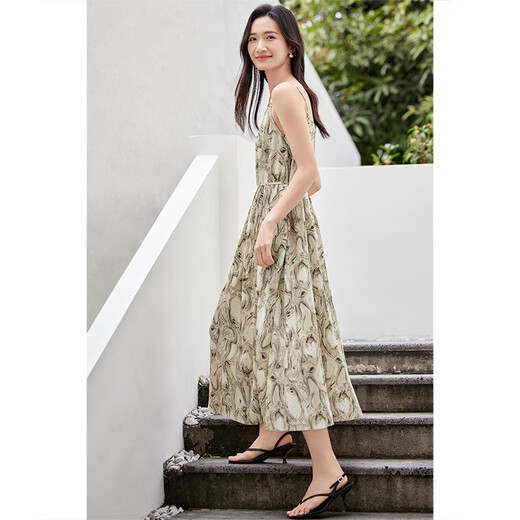 Shandubila holiday style V-neck dress women's summer slim-fit printed suspender skirt Royal sister style mid-length skirt apricot bottom color L Shandubila holiday style V-neck dress women's summer slim-fit printed suspender skirt Royal sister style mid-length skirt apricot bottom color L