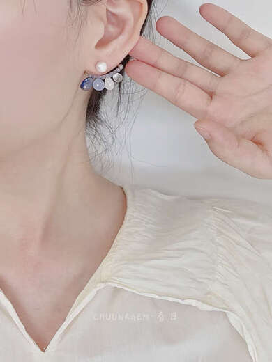 Shien Japanese Light Luxury Natural Stone Niche Earrings Original Design Crystal Moonstone Tanzanite Ear Row 14K Gold Covered Women Special Note Pearl Earrings are an extra bonus