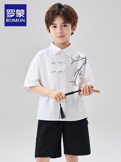 Luo Meng Children's New Chinese Style Bamboo Short Sleeve Shirt Summer Boys National Style Shirt Boys Middle and Large Children Ancient Style Versatile White Short Sleeve New Chinese Style 100% Cotton 150 cm Recommended Weight 70-92Jin Jin is equal to 0.5 kg