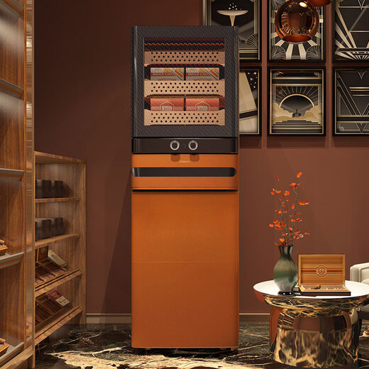 Afidano Cigar Cabinet Constant Temperature Control Humidity Eggplant Silent Variable Frequency Compressor with Fingerprint Lock Imported Cedar Wood Box High-End Cowhide Cabinet Humidity Cabinet Home WIFI Remote L8 Original Color Leather 376L