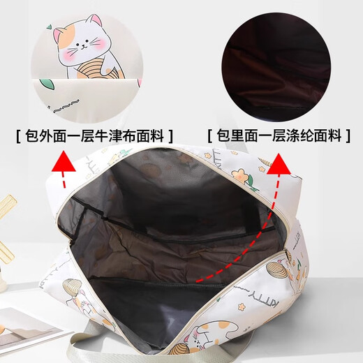 星昔大容量短途旅行包手提出差轻便携学生拉杆行李包可爱待产包收纳袋 白杏色猫咪旅行包