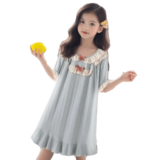 史努比（SNOOPY）夏季新款公主风短袖女童睡裙宽松女孩睡裙冰丝中大童睡衣连衣裙子 687短袖花边蝴蝶结杏色睡裙 150 cm