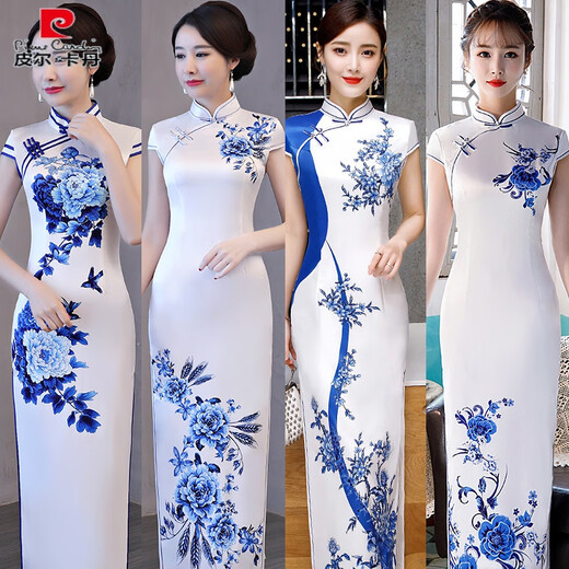 Pierre Cardin new Chinese blue and white porcelain cheongsam dress long 2025 new improved catwalk performance young style high-end temperament Blue Qing CX0033 XL double-layer fabric, soft, comfortable and smooth