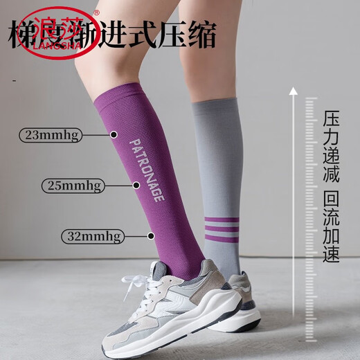 LangSha (LangSha) pressure socks for women, sports muscles, calf, professional fitness, running, skipping rope, slimming yoga stockings, Pilates, 2 pairs of strong pressure models, navy blue + gray purple, one size fits all (34-39, collection b