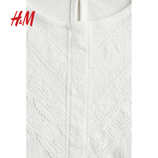 H&M children's clothing children's girls' shirt spring texture strap lace puff short-sleeved top 1286188 white 110 110/56