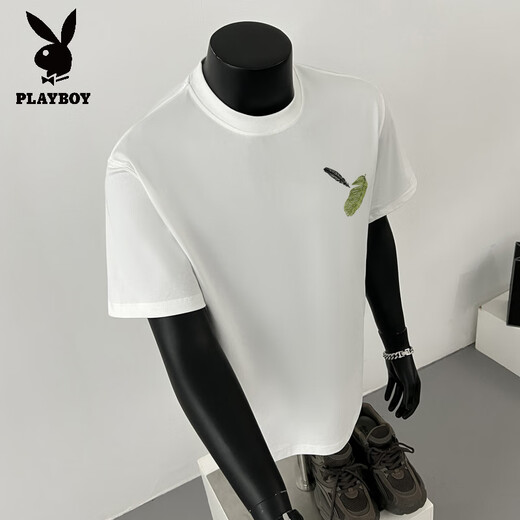 Playboy (Playboy) Sommer Amerikaner Stil hübsches Männer purer Baumwoll kurzärmelige T-Shirt Herren einfache und vielseitige Print-Ins Modemarke Loose Top Black [kleines Bild auf der vorderen linken Seite K1098 Zwei Stücke kleiner Federn suggeriert 90-100jin [Jin gleich 0,5 kg]