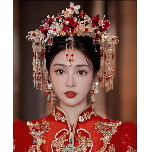 Chishe Xiuhe clothing headdress Chinese style bridal phoenix crown 2025 new red bow glazed hair crown ancient style wedding hair accessories C main crown + back area + hairpin + earrings gift box