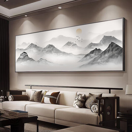 Zilang living room decorative painting sofa background wall ink Zen landscape painting wall hanging painting tea room office calligraphy and painting mural 04-with backing 50*150CM wood grain yellow frame + canvas SF Express