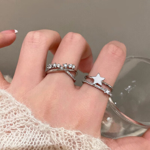 KZD999 sterling silver star zircon open ring female niche design student party light luxury decorative index finger ring star ring two-piece set same style