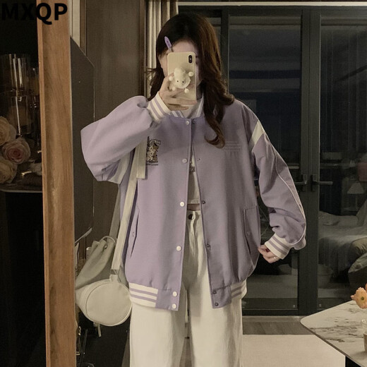 MXQP college style baseball uniform jacket for women in spring and autumn new loose casual splicing contrasting color design stand collar top trend 1047 pink 5XL s 95Jin [Jin equals 0.5 kg]