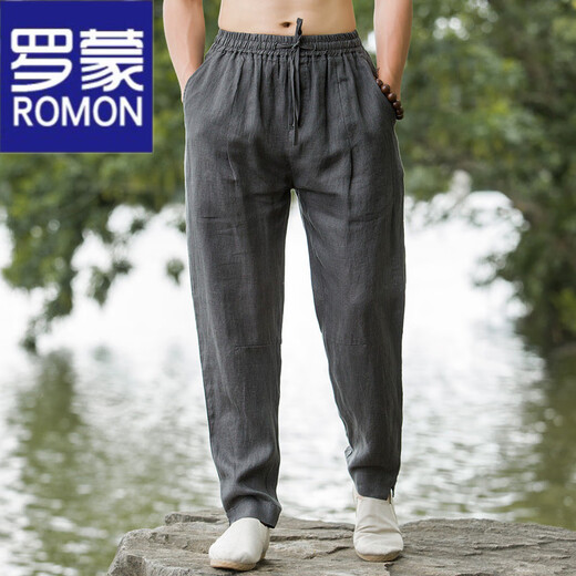 ROMON pantalones de lino pantalones casuales de lino para hombres pantalones finos de verano estilo chino para hombres pantalones sueltos de harem con los pies en rábano blanco M 100-130Jin Jin equivale a 0,5 kg