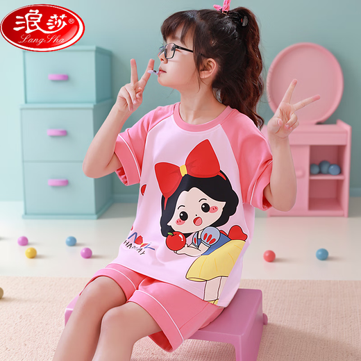 浪莎（LangSha）亲子母女睡衣纯棉夏季薄款短袖可爱卡通网红小女孩女童家居服套装 6624【纯棉 单套的】 S 145-150cm70-85斤