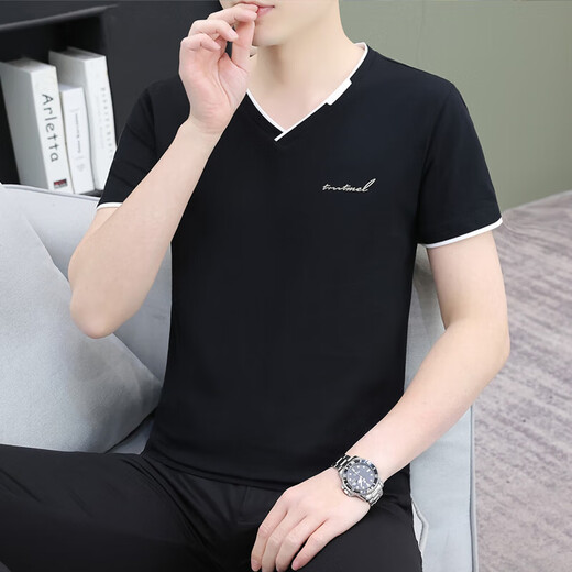 Kurzarm-T-Shirt aus Baumwolle für Herren, Sommer, neuer Trend, vielseitig, modisch, V-Ausschnitt, schlank und einfach, Q694, Schwarz, L 100–120. Jin Jin entspricht 0,5 kg
