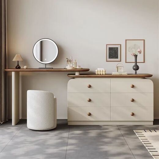 Fubai antique solid wood dressing table storage cabinet integrated cream simple drawer cabinet bedroom bedside cabinet retro dressing table storage three-drawer three-piece set 0.6 three-drawer cabinet + 1m dressing table + makeup stool complete set