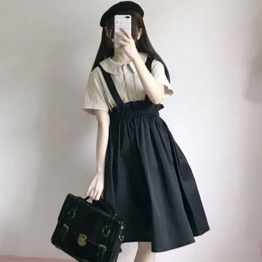 Shan Nanwei single/college style suit student girl Japanese sweet short-sleeved shirt + high waist strap skirt two-piece new set 683 black skirt + apricot top S recommended 75-88 Jin Jin equals 0.5 kg