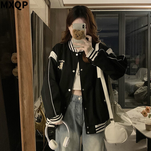 MXQP spring new American men and women baseball uniform trendy brand embroidered letters flying couple jacket ins jacket for women 1047 apricot M [95-110Jin [Jin equals 0.5 kg]]