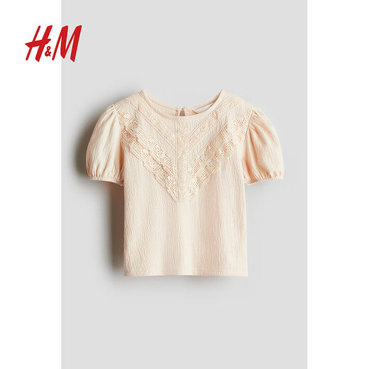 H&M children's clothing children's girls' shirt spring texture strap lace puff short-sleeved top 1286188 white 110 110/56