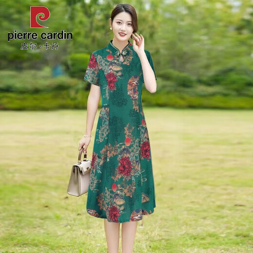 Pierre Cardin cheongsam women's mid-length summer women's wear 2025 new middle-aged mother short-sleeved cheongsam dress improved retro dress 698 green XL recommended 90-110Jin Jin equals 0.5 kg