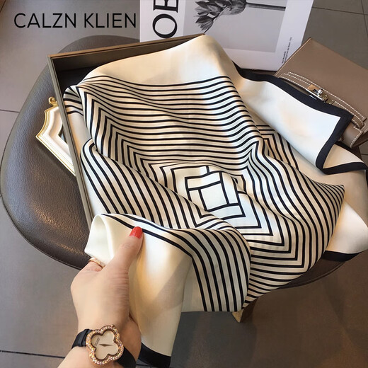 Calznklien silk scarf 100% mulberry silk small square scarf fake collar shawl birthday gift for mother leader souvenir off-white striped high-end gift box high-end