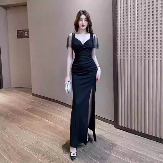 Kuzhang KTV Vestido de noche Mujer 2025 Nuevo Sexy Escotado Falda larga y delgada Técnico de baño de pies Ropa de trabajo Vestido dividido 3883 Negro Talla única 2xl