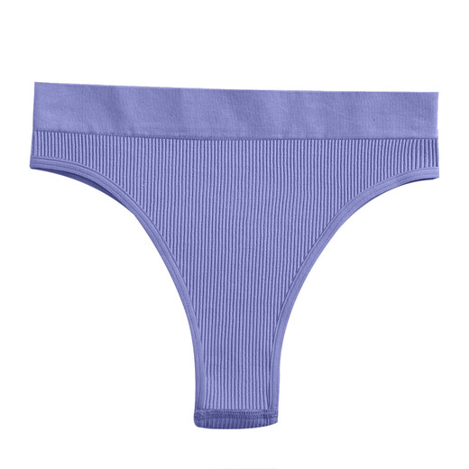 Single Nanwei women's underwear European and American solid color ribbed cotton sexy mid-high waist thong comfortable breathable large size sports fitness blue SM