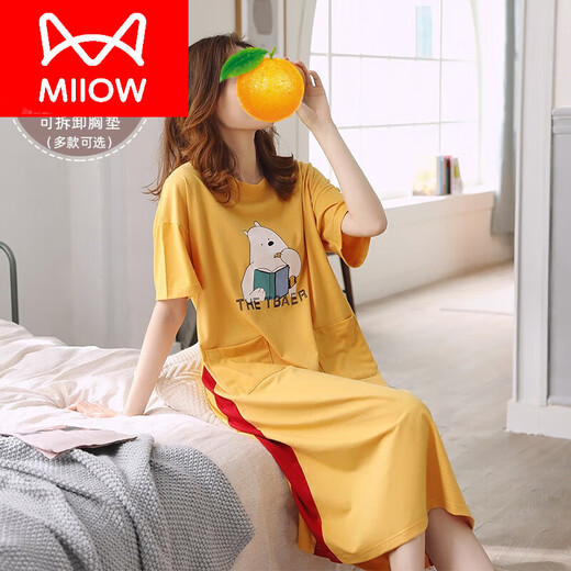 猫人（MiiOW）带bra睡裙女夏季纯棉短袖带胸垫长款过膝可爱大码可外穿家居服 9902#(不带胸垫) 3XL