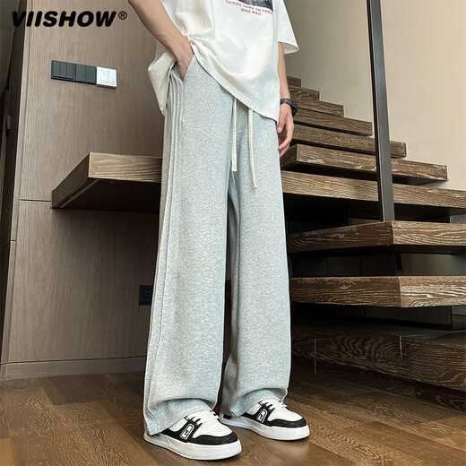 Viishow American striped design casual pants men's trendy brand drape straight floor-length mopping pants spring and autumn heavy loose sports pants black XL