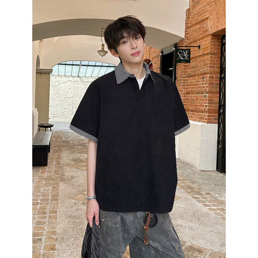 NYING American fake two-piece short-sleeved polo shirt for men 25 summer new high street fashion brand three-quarter sleeve spliced loose top black XL (120-140Jin Jin equals 0.5 kg)